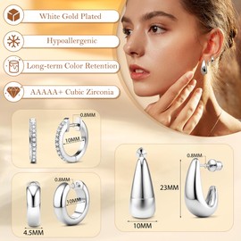 MILACOLATO Gold Chunky Hoop Earrings Set for Women, 14K Gold Plated Twisted Huggie Hoop Earring Hypoallergenic, Thick Open Hoops Set Lightweight Silver-CZ