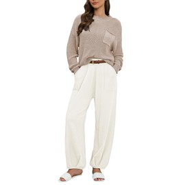Women's Two Piece Outfits Sweater Sets Knit Pullover Tops and High Waisted Pants Tracksuit Lounge Sets Sand White L