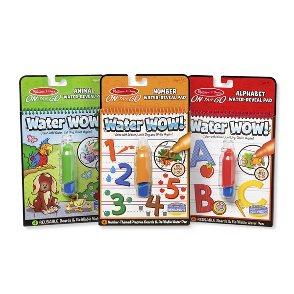Melissa & Doug On the Go Water Wow! Water-Reveal Activity Pads, 3-pk, Animals, Alphabet, Numbers - 3-Pack Of Reusable No-Mess Travel Activities For Kids