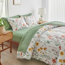 AIKASY Bed in a Bag 7 Pieces King Size - Floral Print - Soft Microfiber, Reversible Bed Comforter Set (1 Comforter, 2 Pillow Shams, 1 Flat Sheet, 1 Fitted Sheet, 2 Pillowcases)（White, King）