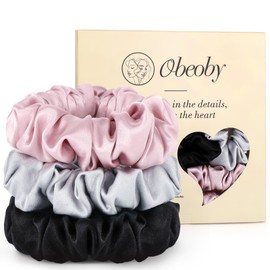 obeoby 100% Mulberry Silk Scrunchies, 3Pcs 30 Momme Silk Hair Ties for Hair Sleep Soft Hair Scrunchies Frizz & Breakage Prevention