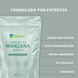 Wellthy Vinagre Manzana 120 Cápsulas 550mg Suplemento Alimenticio Orgánico Vegano Bottle Free