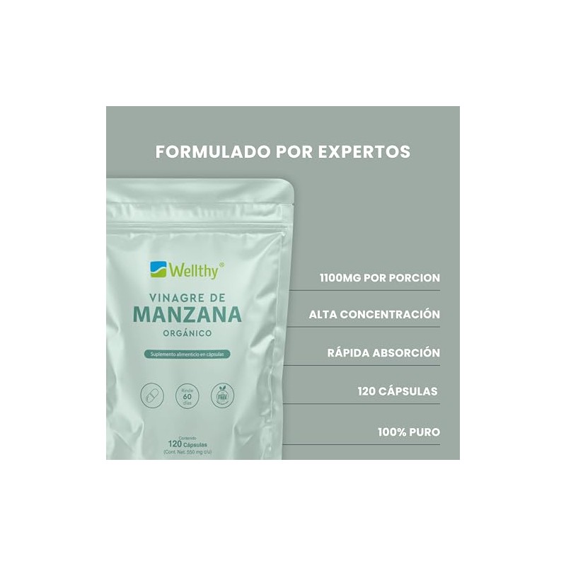 Wellthy Vinagre Manzana 120 Cápsulas 550mg Suplemento Alimenticio Orgánico Vegano