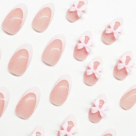24 Pcs Almond Press on Nails French Tip CEWEWP Pink Fake Nails Short Press on Nail Cute False Nails with Pink Bow Nail Charms Designs Acrylic Nails Full Cover Glue on Nails for Women Girls