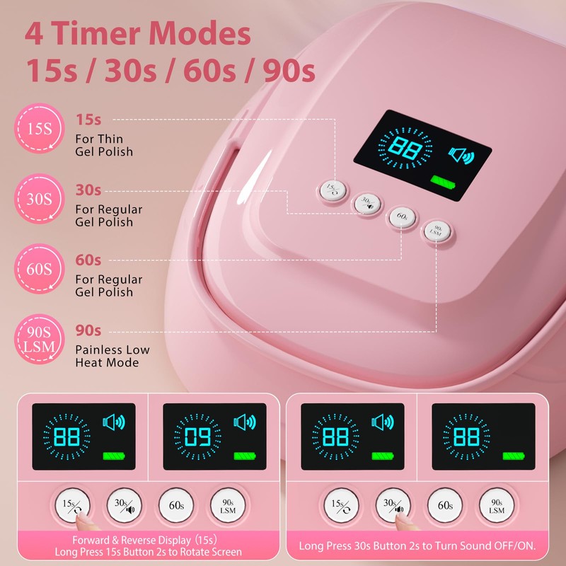 Purtato 126W Cordless Rechargeable UV LED Nail Lamp with Large