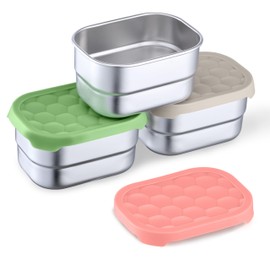 Homikit 3 Pack Snack Containers for Kids, 18/10 Stainless Steel Toddler Lunch Box with Silicone Lids, Reusable Bento Food Container Set for School Daycare, Nontoxic & Leak Proof, Pink/Green/Khaki