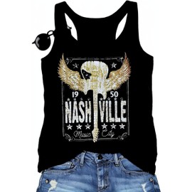 Nashville Music City Tank Tops Women Vintage Rock and Roll Sleeveless Tshirts Casual Country Concert Tanks Summer Tops(Black1,L)