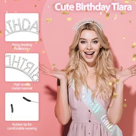 Birthday Crown Birthday Sash for Women, Birthday Girl Sash, Birthday Girl Crown, Glitter Silver Birthday Sash and Crown Rhinestone Headband Set, Happy Birthday Girl Princess Tiara Sash Accessories