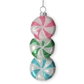 The Bridge Collection 6" Glass Stacked Peppermint Candy Ornament - Pastel Pink, Blue, and Green Peppermint Candies with Glitter Accents
