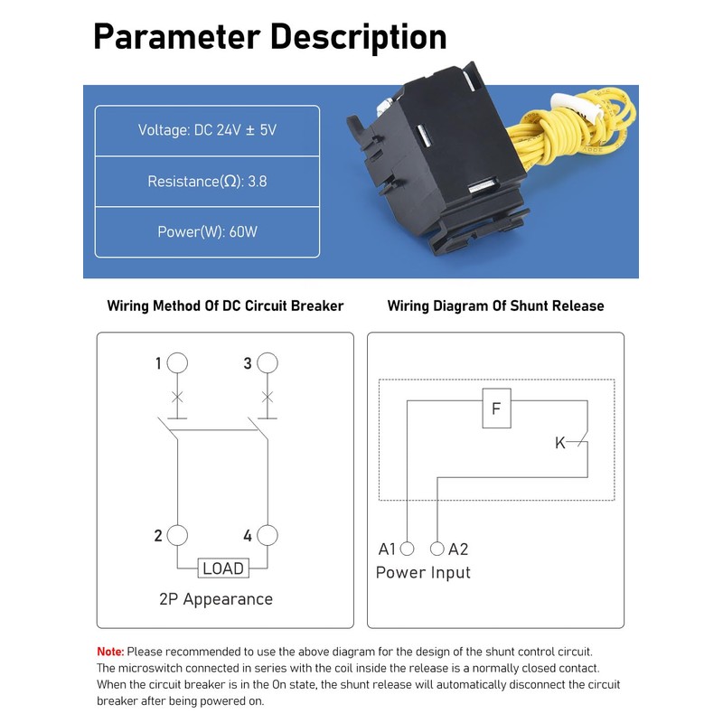 DIHOOL DC Circuit Breaker shunt Release, 24VDC Remote Control to
