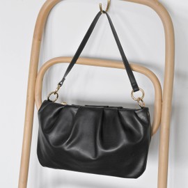 Women Ruched Shoulder Handbag Cloud Pouch Hobo Bag Convertible Clutch Soft Vegan Leather Cross body Bag, Black