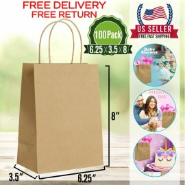 Kraft [100 Bags] 6.25x3.5x8. Brown Paper Bags with Handles Bulks.