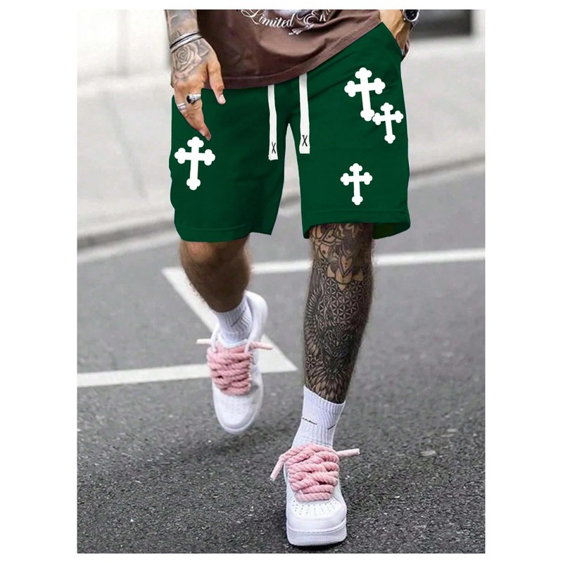 VIPWOLF - Pantalones cortos con estampado de cruz para hombre,