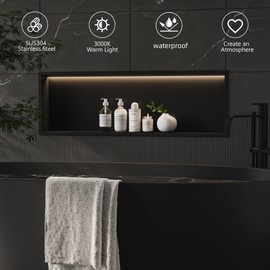 Neohomee 30x12 Matte Black Wall Niche with Non-dimmable LED Light Strip, Stainless Steel Bathroom Shelf Shower Niche Cabinet, NO Tile Needed Recessed Niche Storage Organizer for Shampoo