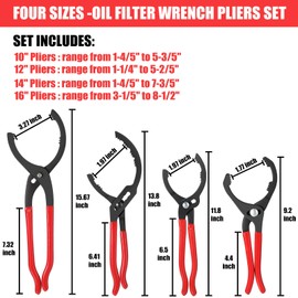 Lothee 4 Pieces Oil Filter Wrench Set, 10'' 12'' 14'' 16'' Oil Filter Pliers Adjustable Oil Filter Removal Tool Pliers for Cars, Trucks, Motorcycles Engine Filters, Conduit, Fittings