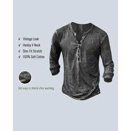 GVAYAR Mens Distressed Henley Shirts Vintage Long Sleeve Shirts Casual Button Down V Neck T Shirts for Men Light Black