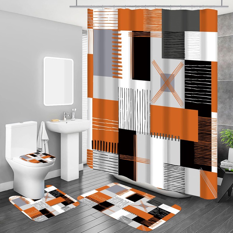 Fall Orange Shower Curtain Set 4Pcs with Bathroom Rugs
