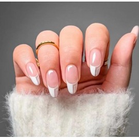 Resweky Long Fake Almond Nails Pink Sequins Nude Shiny White Fake Nails French Print On Nails Full Cover Acrylic Nails For Women Girls