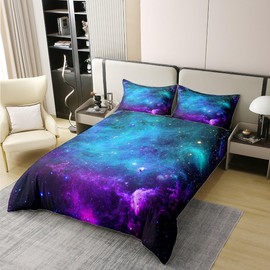 Galaxy 100% Cotton Duvet Cover Teal Blue Purple Starry Sky Bedding Set 135 x 200 cm Universe Outer Space Comforter Cover for Boys Girls Teenagers Cosmic Stars Bed Sets with 1 Pillowcase