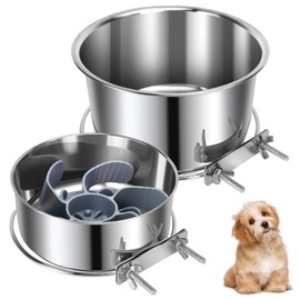 Yummy Sam Pet Dog Food Water Bowl for Cage, Stainless Steel Non-Spill Kennel Hanging Cats Bowls with Clamp Holder Crate Feeder Dish for Small Medium Large Dogs (Silver, L (84 & 44 OZ Slow Feeder))