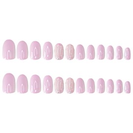 Short Almond Press on Nails SWEKKE Baby Pink Fake Nails False Nails with Designs Pearls Charms Shell Embossed Glossy Glue on Nails Stick on Nails Acrylic Nails for Women Girls 24 Pcs