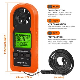 Handheld Anemometer WapoRich RQ-818, Digital LCD Backlight Wind Speed Meter Gauge Mini Anemometer for Measuring Wind Speed/Temperature Portable Anemometer for Surfing, Fishing, Meteorology ect.