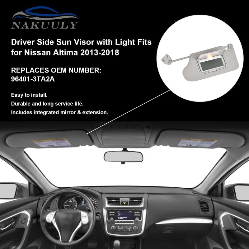 Nakuuly Left Driver Side Sun Visor Gray with Light, Without