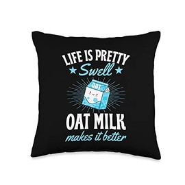 Trendy Vegan Oat Milk Lover Barista Collection Life is Pretty Swell Oat Milk Makes It Better Throw Pillow, 16x16, Multicolor