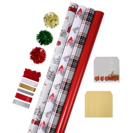 LaRibbons Christmas Wrapping Paper Sets, Classic Truck & Plaid & Cardinal Design with Ribbons & Gift Tags & Metallic Pom Pom for Christmas, Holiday, 30Inch × 10Feet（ 4 Rolls: 100 Sq.Ft.Ttl）