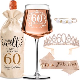 60th Birthday Gifts for Her - Elegant Decorations with Vintage Wine Glasses, Wine Bag, Birthday Sash, Crown,Rhinestone Birthday Tiara, Perfect for Women,Mom,Wife,Coworker,Best Friend,Sister