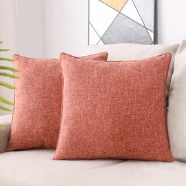 HPUK Linen Throw Pillow Covers Pack of 2, 18x18 Inch Accent Cushion Covers for Living Room, Bedroom, Decorative Solid Color Pillow Covers for Couch, Sofa, Chair, Coral
