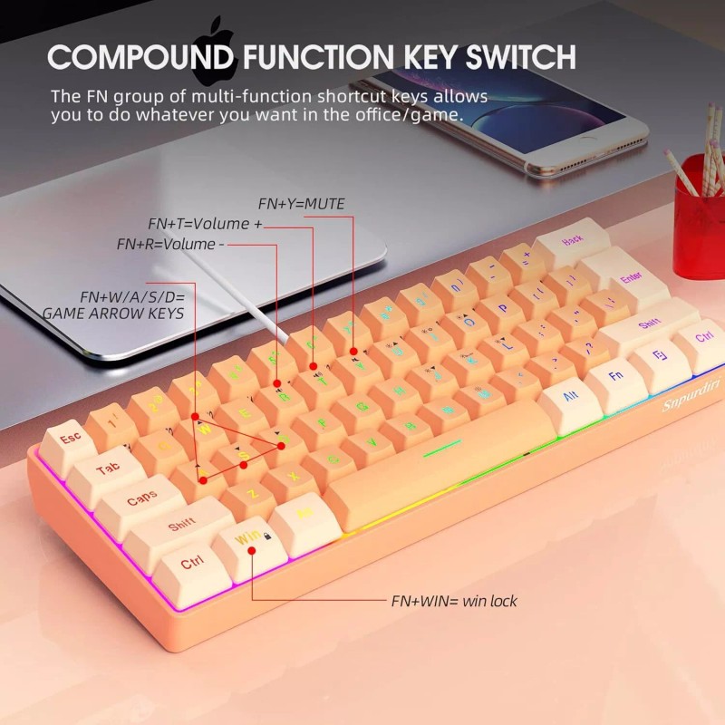 Snpurdiri 60% Wired Gaming Keyboard, RGB Backlit (Cream and Orange)