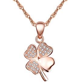 Yumilok 925 Sterling Silver Cubic Zirconia Rose Gold/Silver Four Leaf Clover Pendant Necklace Chain with Pendant for Women, Girls, Silver