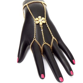 Arras Creations Single Flower with Chain Slave Ring and Bracelet Set Hand Chain / AZFJSBB185-GLD