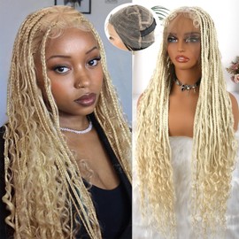 LEOSA 613 Full Lace Braided Wigs for Women Long Boho Knotless Braided Wigs With Boho Curly End Synthetic 360 Lace Front Box Braid Glueless Wig with Baby Hair Blended Braide Golden Blonde Wig