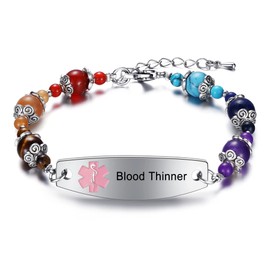 JF.JEWELRY Women's Blood Thinner Bracelet - Pre-engraved Medical ID, Colorful Beaded Adjustable - Pink Rose Medical Symbol