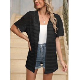 LILBETTER Women's 2025 Summer Lightweight Short Sleeve Boho Kimono Open Front Cardigan(Black Large)