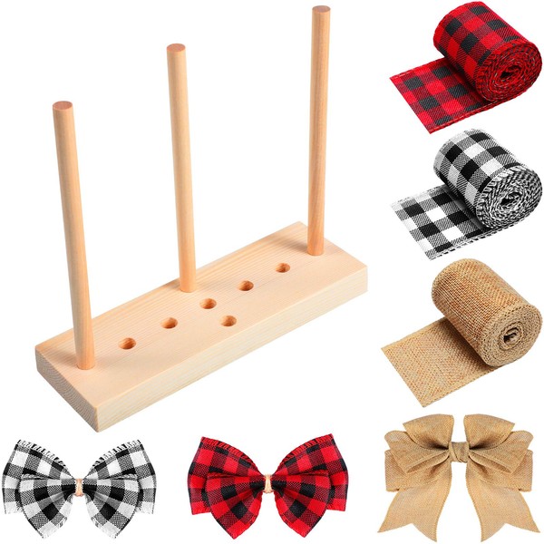 Wooden Ribbon Bow Maker with 3 Rolls Wired Burlap Craft