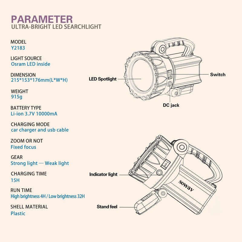 Rechargeable Spotlight, Super Bright Flashlights High Lumens, LED Searchlight with
