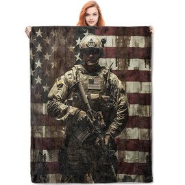 VANZEV Patriotic Soldier Flannel Blanket, Army Gifts, Military Blanket for Veteran Adults, Soft Lightweight American Flag Throw Blankets for Bed Home Decor 50" x 60"