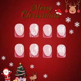 Christmas Press on Nails Short Red French Tip Fake Nails with White Snowflakes Designs Simple Glitter Glue on Nails Press ons Acrylic False Nails Glossy Stick on Nails for Women Girls 24 Pcs