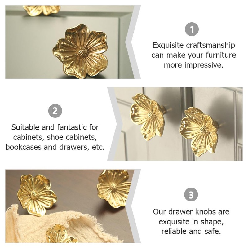 Mikikit 6 Pcs Brass Flower Drawer Knobs, Golden Cabinet Pull