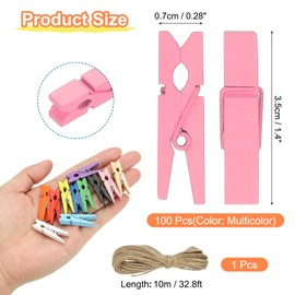 PATIKIL 1.4" Wooden Colored Clothes Pins, 100Pcs Mini Colorful Wooden Clothes Clips with 32Ft Jute Twine Strong Grip Photo Clips for Pictures Hanging Clothes Decorative Crafts, Multicolor