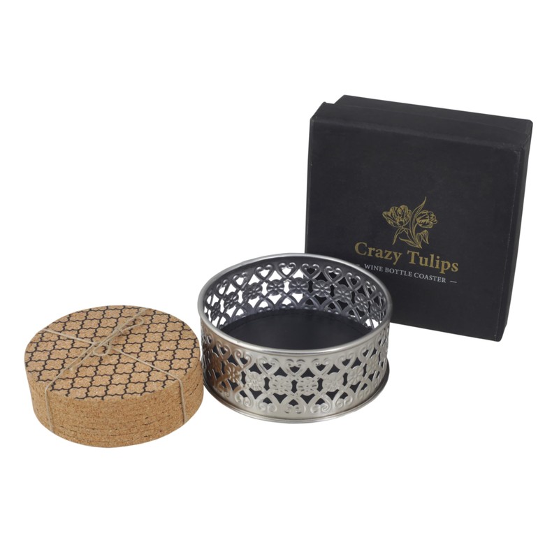 Silver Wine Bottle Coaster with Set of 8 Cork Coasters