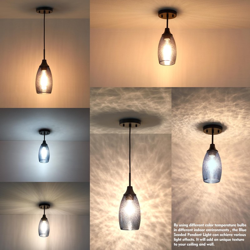 Viinew Mini Glass Pendant Light 1-Pack Handblown Clear Dark Blue