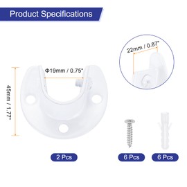 sourcing map 2Pcs Closet Rod End Supports, 0.75" Stainless Steel Flange Rod Holder Bracket End Supports with Screws for Bathroom Closet Curtain, White
