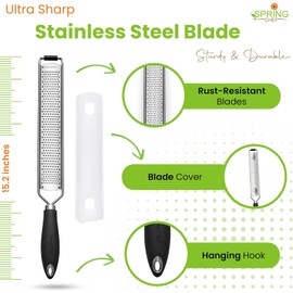 Spring Chef Stainless Steel Lemon Zester Grater with Handle - Garlic, Cheese, Parmesan, Nutmeg, Lime, Ginger Grater - Heavy Duty Kitchen Tool - Citrus Zester with Blade Cover - Fine Shred - Black