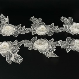 1 Yard Vintage Flower White Pearl Beads Lace Trim Ribbon Floral Fabric Embroidered Applique Sewing Craft for Wedding Dress Clothes Decoration DIY Handmade Sewing Supplies (White, 1 Yard)