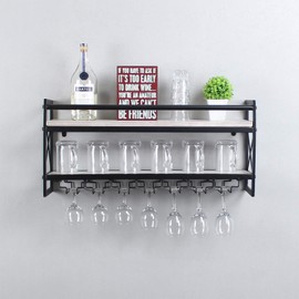 MBQQ Wine Rack Stemware Glass Rack,Industrial 2-Tier Wood Shelf,30" Wall Mounted Wine Racks with 7 Glass Holder for Wine Glasses,Mugs,Home Decor,Retro White