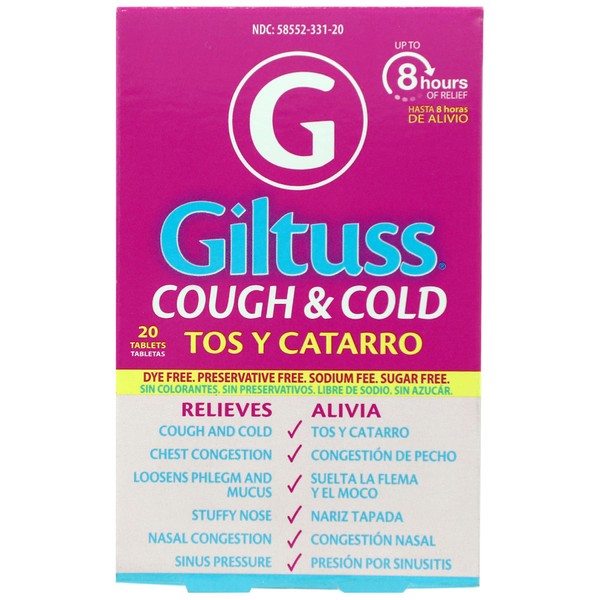 Giltuss Cough and Cold, Helps You Relieve Chest Congestion, Stuffy Nose, Nasal Congestion, Sinus Pressure, Tablets, Sugar-Free, 20 Tables, Bottle